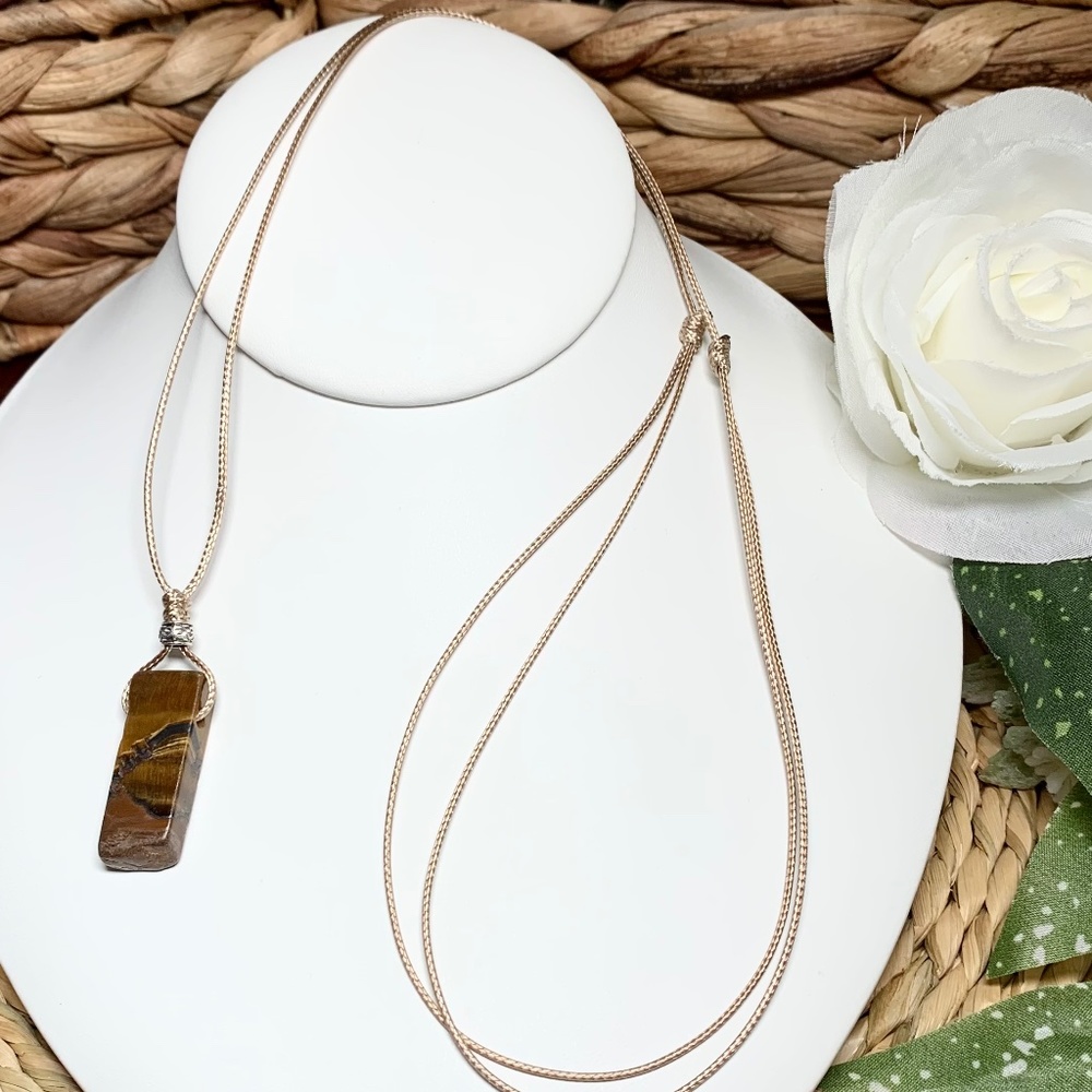 Tiger’s Eye Stone Necklace on Adjustable Length Tan Cord